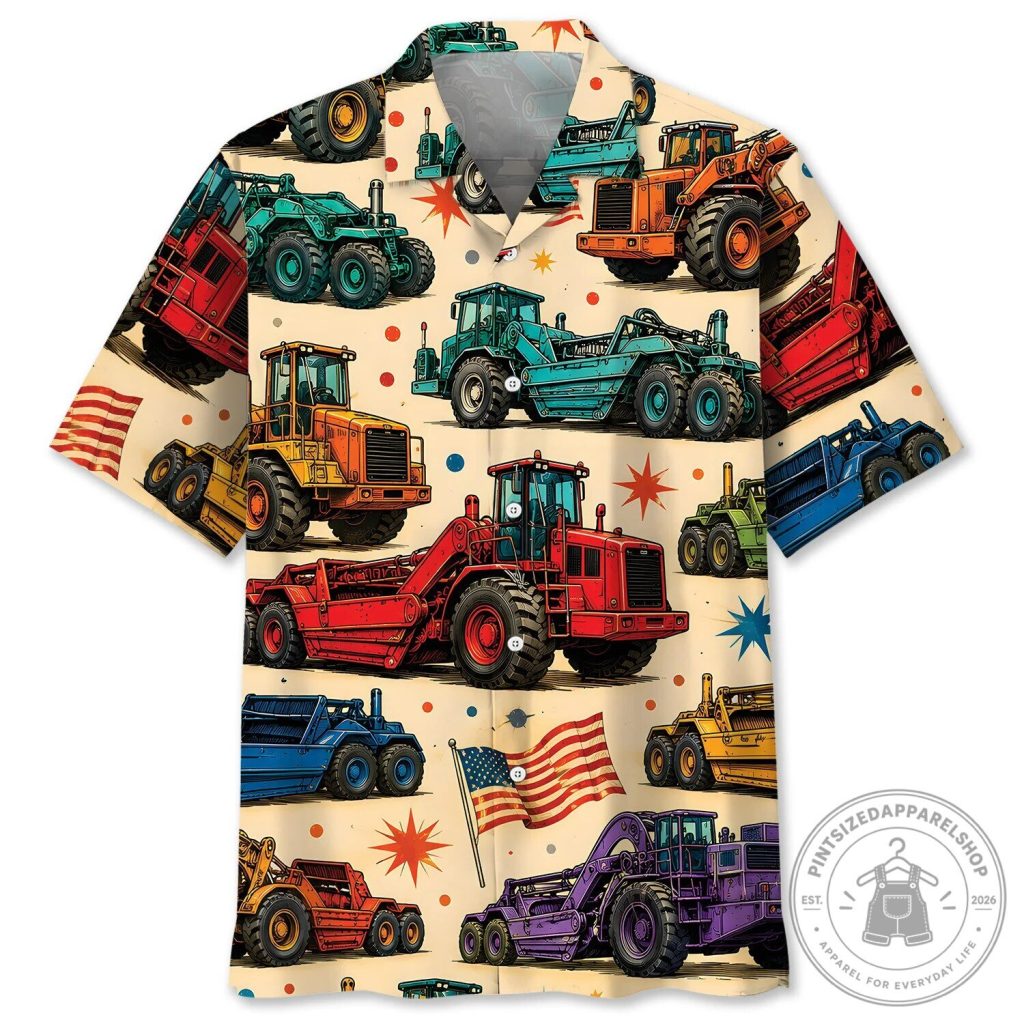 Construction Equipment Scrapers Vintage Art Colorful Hawaiian Shirt