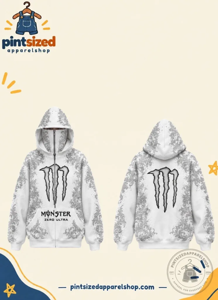 "Stay Stylish and Protected: Monster Zero Ultra White Hoodie Mask" 1 Monster Zero Ultra White Graphic Face Mask Full Zip Hoodie
