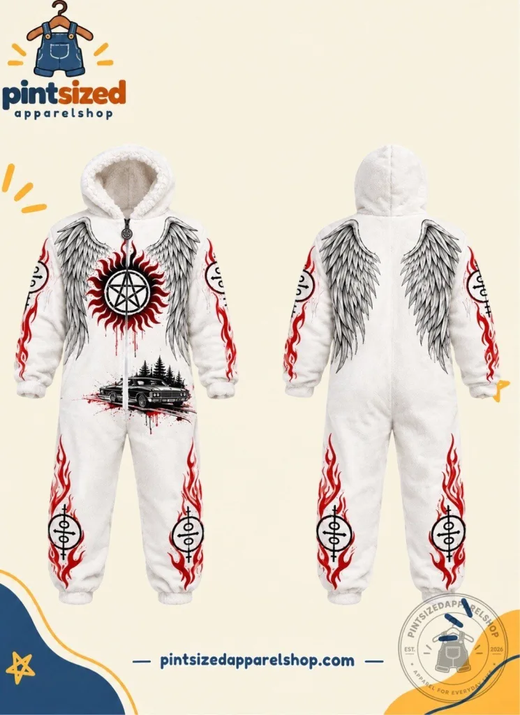 "Shop Supernatural Angel & Flame Hooded Jumpsuits for Unique Style" 11 Supernatural Buddy Fleece Hooded Jumpsuit – White Angel Wings & Red Flame Onesie