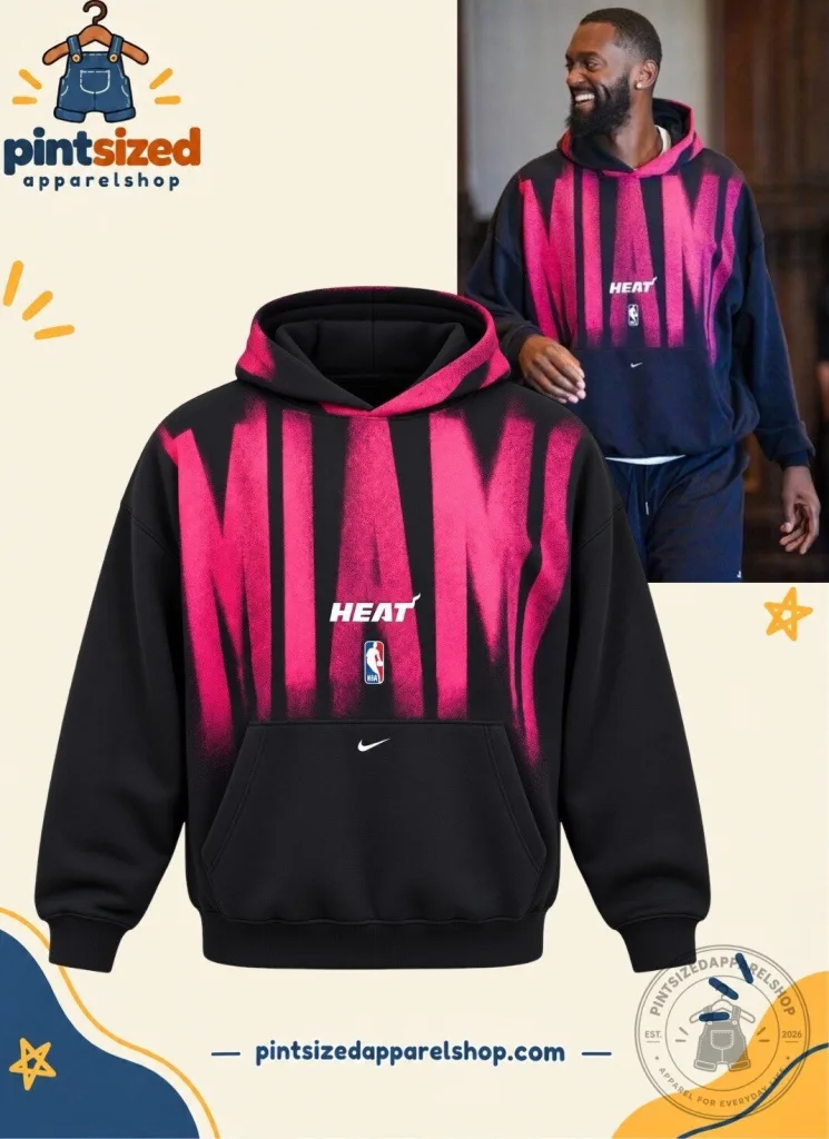 "Shop Miami Heat NBA Nike Oversized Hoodie - Trendy Basketball Streetwear" 15 MIAMI Heat NBA Nike Black & Pink Oversized Hoodie – Basketball Streetwear Pullover