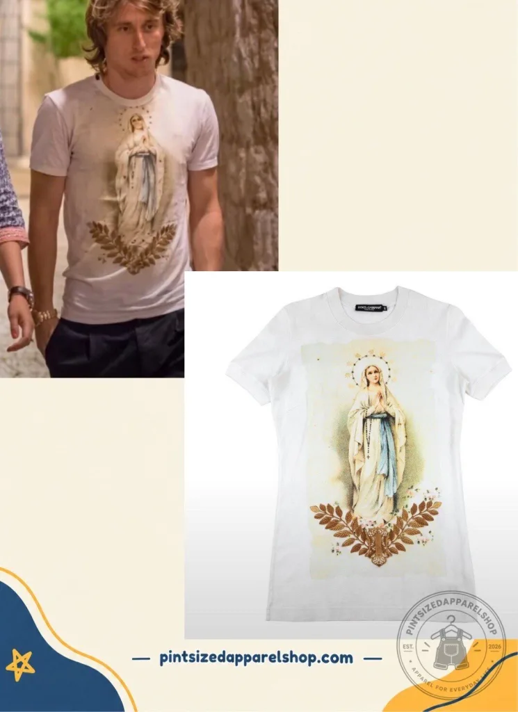"Luka Modrić Sports Dolce & Gabbana 2026 Virgin Mary T-Shirt" 7 Luka Modrić wearing Dolce & Gabbana Virgin Mary Religious Ivory T-Shirt 2026
