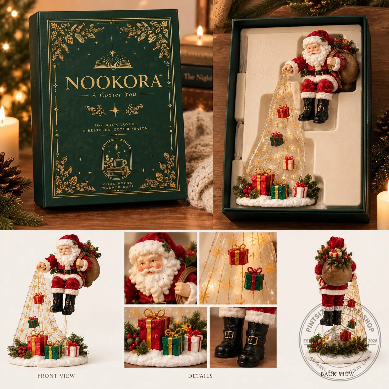 NOOKORA Santa Claus Bookshelf Nook Cascading Solar Light for Cozy Christmas Homes