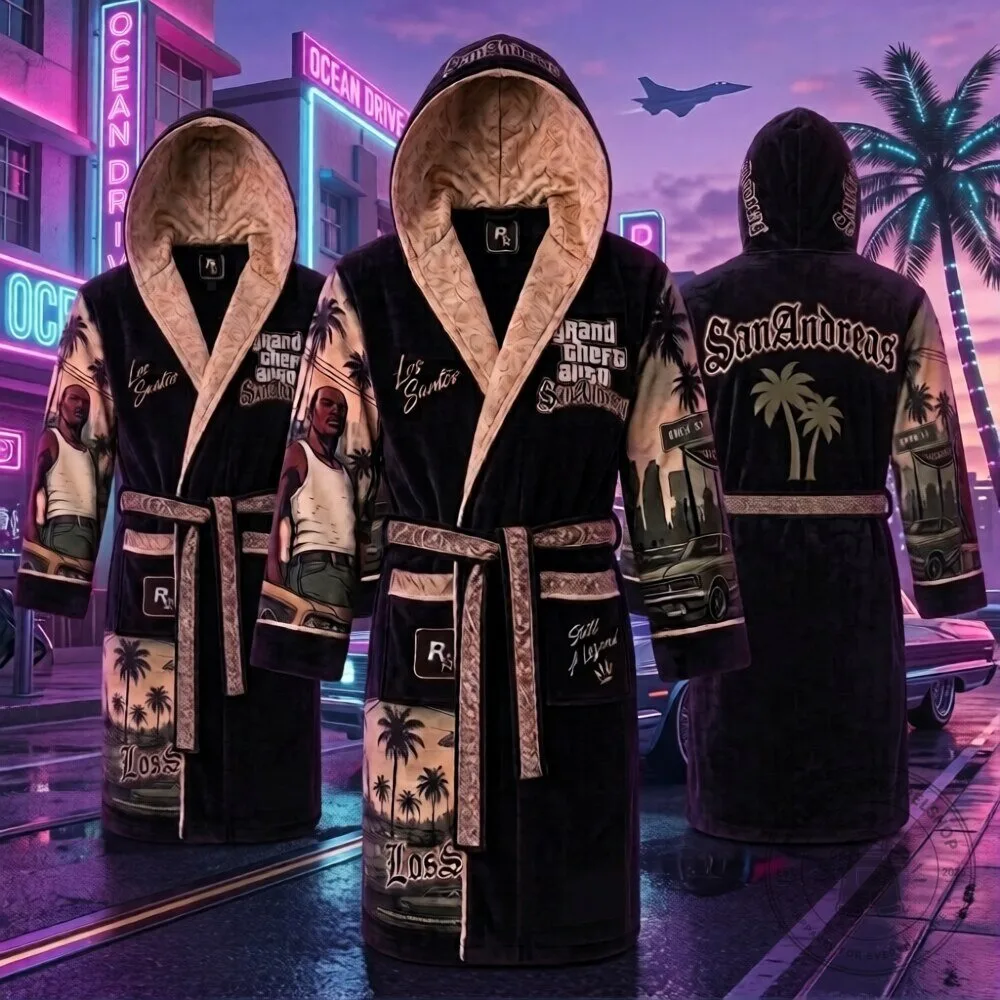 GTA 6 Grand Theft Auto VI San Andreas Hooded Bathrobe | Gaming Gift 8 GTA 6 Grand Theft Auto VI San Andreas Hooded Bathrobe | Gaming Gift