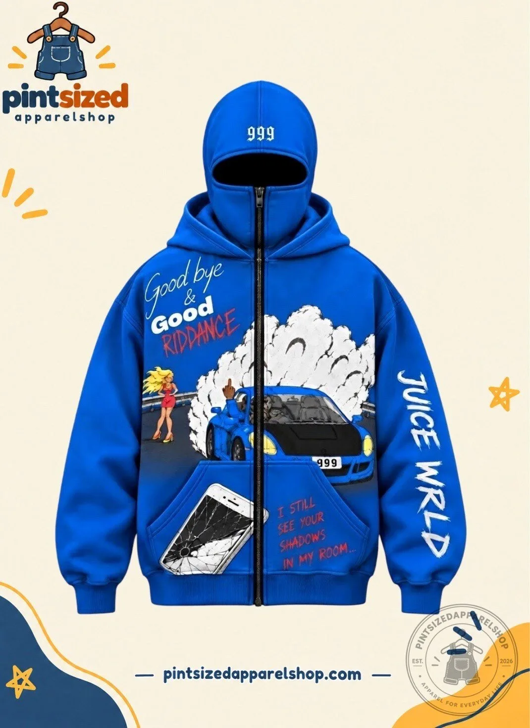 Juice WRLD 999 Blue Balaclava Graphic Zip-Up Hoodie