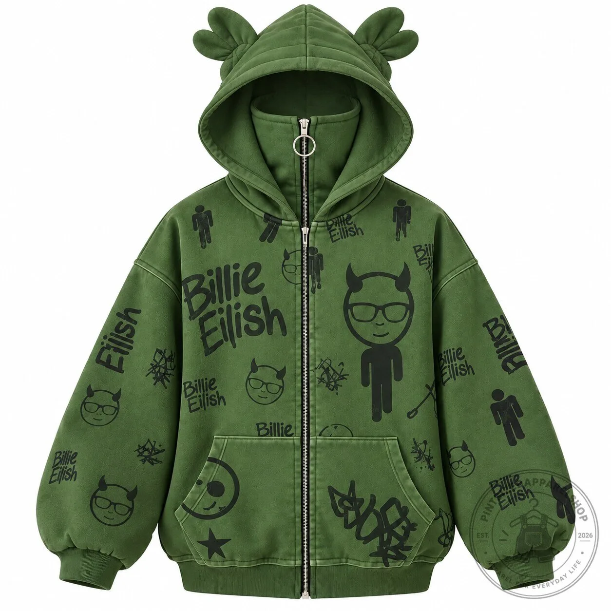 Billie Eilish Balaclava Masked Green Graphic Full-Zip Hoodies