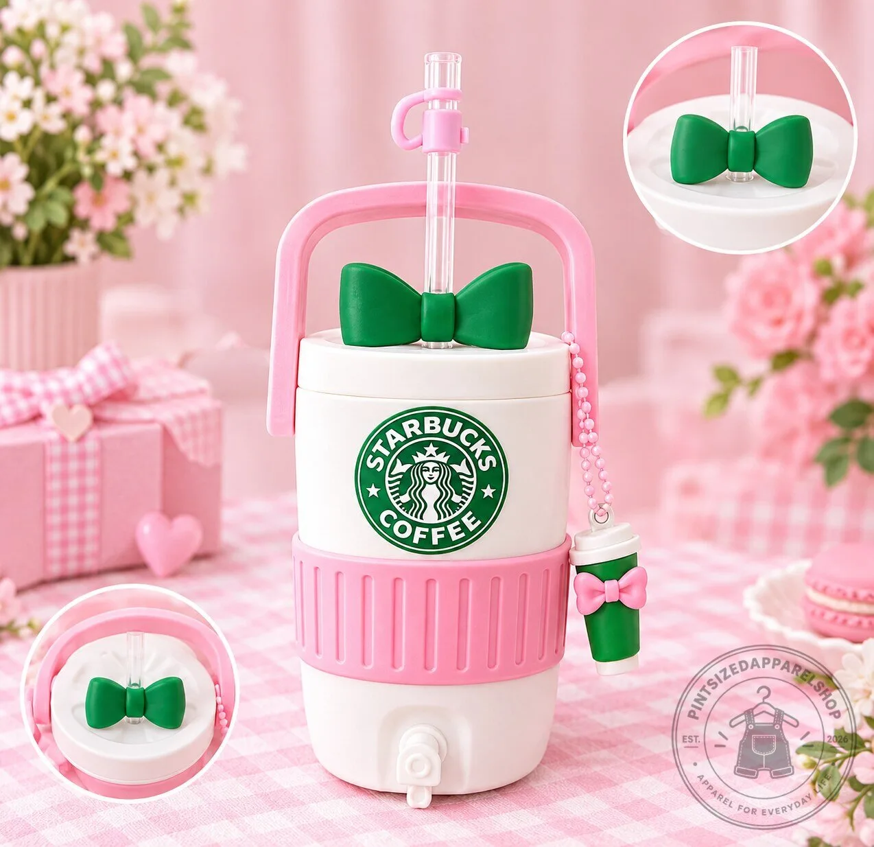 Starbucks Pink & White Inspired Can Holder with Opener & Topper
