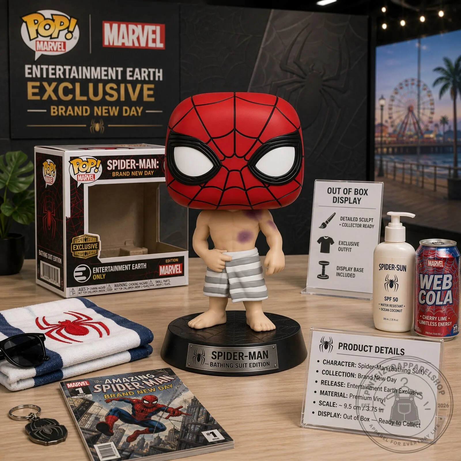 Funko Pop! Spider-Man: Brand New Day in Bathing Suit Pool Scene Mask and Striped Boxer Shorts Special Edition 2026 7 Funko Pop! Spider-Man: Brand New Day in Bathing Suit Pool Scene Mask and Striped Boxer Shorts Special Edition 2026