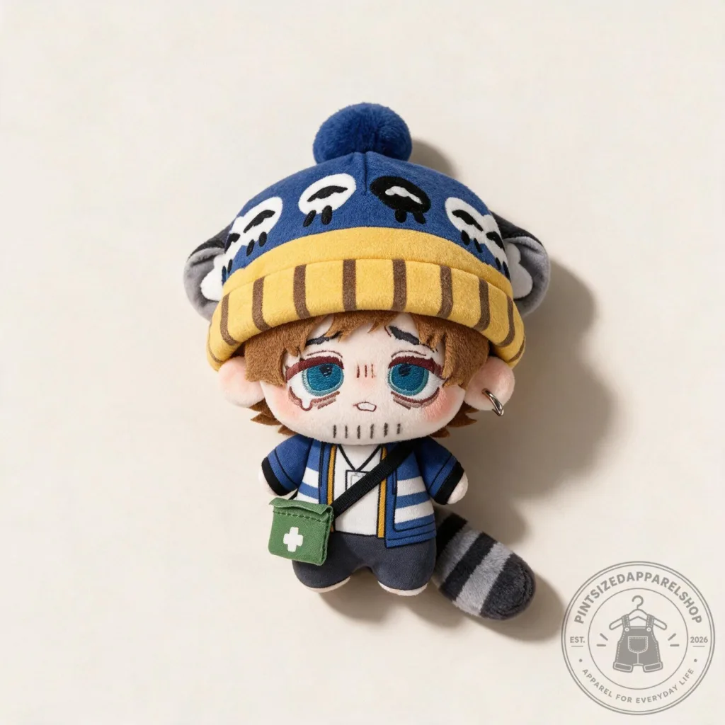 Brya Resident Evil Plush with His Signature Raccoon-Tailed Winter Beanie and Green First-Aid Crossbody Bag Brya Resident Evil Plush with His Signature Raccoon-Tailed Winter Beanie and Green First-Aid Crossbody Bag